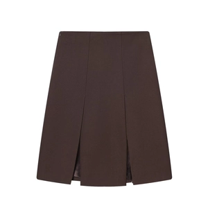 Detail view of deep brown mini skirt featuring wide vertical pleats and modern silhouette