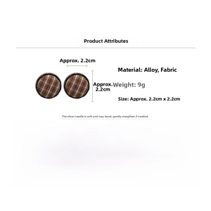 Detailed view of brown plaid fabric round earrings with alloy material and 2.2cm size