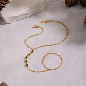 Elegant 18K gold plated hand chain bracelet with geometric olive green zircons for women