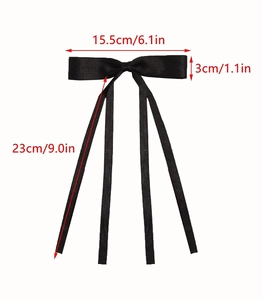 Detailed size guide of large black satin bow hair clip with 15.5cm width and 23cm ribbon
