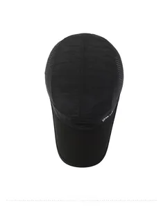Top view of black quick-dry baseball cap with breathable laser-cut side perforations