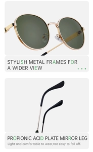 Macro detail of round metal sunglasses with dark green lenses and ergonomic plastic temple tips