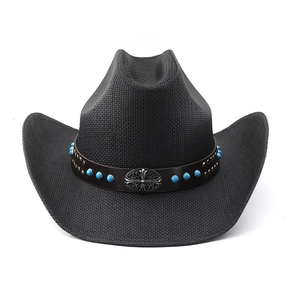 Chapeau de cowboy western noir tissé avec bandeau en cuir perlé turquoise et boucle