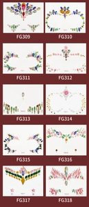 Detailed catalog of ten unique acrylic facial gem sticker designs for professional makeup