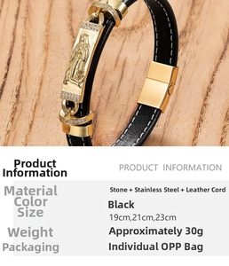 Bracelet religieux en cuir avec gaufrage de saint doré et détails du fermoir magnétique