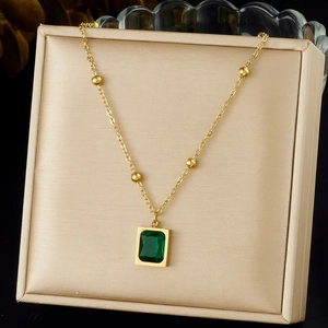 Stainless Steel Gold Plated Necklace Rectangular Emerald White Gemstone Pendant Bead Chain French Style Jewelry For Women