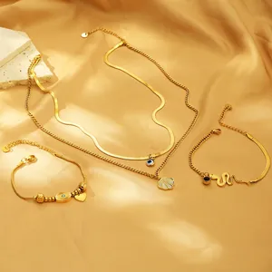 Stainless Steel Jewelry Set For Women Gold Evil Eye Heart Shell Snake Pendant Layered Chain Necklace And Bracelet