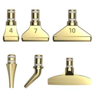 Close-up of 6 gold-toned stainless steel diamond painting tips with various nozzle sizes