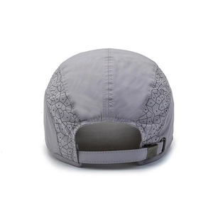 Quick-dry grey-purple sports cap with geometric laser-cut vents and metal buckle