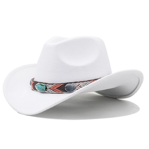 Detailed view of white felt cowboy hat with ethnic woven band and turquoise stone accents
