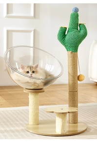 Detail of acrylic space capsule cat bed with sisal cactus scratching post and flower platform