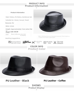 Detail view showing a 4.5cm brim and 13cm height of the PU leather vintage fedora hat