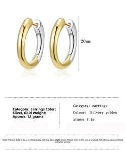 Detail view of 20mm two-tone gold and silver polished hoops with size specifications