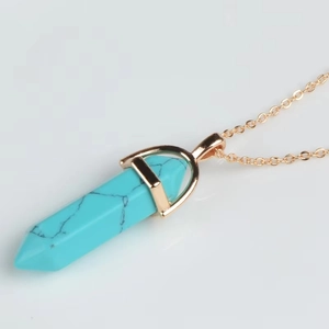 Natural sky blue turquoise hexagonal pillar pendant necklace with golden o-chain