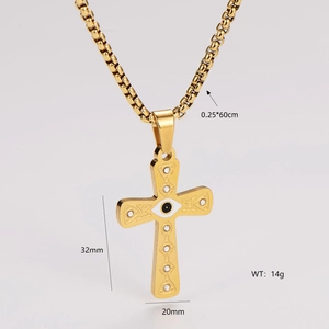 Detail view of 18k gold cross necklace with evil eye pendant and size dimensions