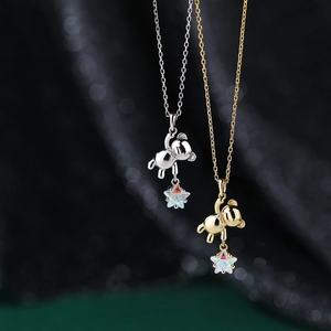 Cute Bear Star Pendant Necklace 925 Sterling Silver Zircon Iridescent Stone Sweet Jewelry For Women