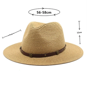 Straw fedora hat detail showing 7cm brim and 12cm crown with studded leather band