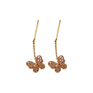 Vintage gold butterfly drop threader earrings for women with elegant long chain design