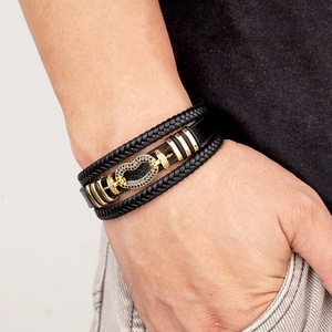 Men's multilayer black braided leather bracelet with golden horseshoe buckle and blue stones