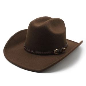 Classic dark brown felt cowboy hat with woven leather band and gold buckle detail