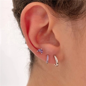 Three-piece set of marquise purple zircon studs and silver hoop earrings for women