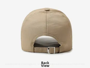 Back view of khaki cotton baseball cap with adjustable metal buckle and neat stitching