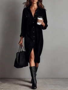 Elegant black corduroy long sleeve button-up maxi dress with collar and pockets