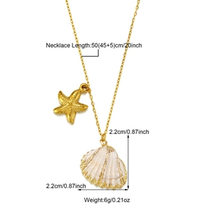 Detail showing shell and starfish pendants with exact length and weight measurements