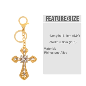 Detail showing dimensions of golden cross keychain with rhinestones and lobster clasp