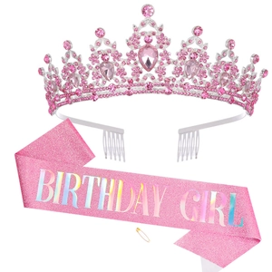 Pink crystal BIRTHDAY QUEEN crown set with sparkly sash and pin for birthday party