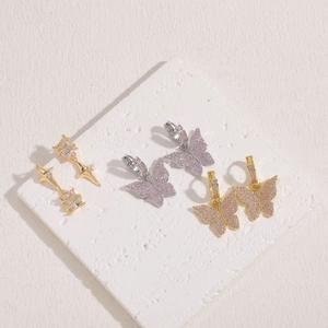 Star and butterfly 14K gold plated earrings set with sparkling zircon on stone
