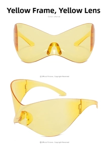 Macro detail of futuristic Y2K wraparound oversized yellow sunglasses with transparent frames