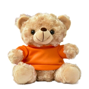 Adorable tan teddy bear plush toy wearing a bright orange t-shirt for holiday gifts.