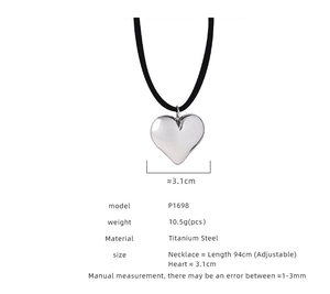 Detail of titanium steel heart pendant with adjustable black rope and product dimensions