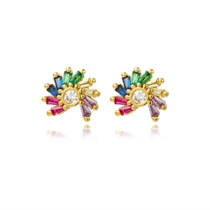 Elegant gold fan earrings with colorful baguette gemstones and central zircon on white base