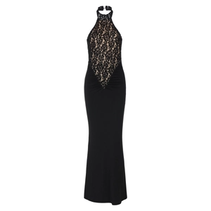 Detailed view of intricate floral lace bodice on a backless black halter neck maxi dress