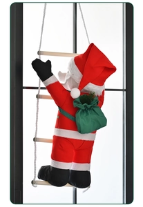 Detail of Santa Claus climbing a rope ladder with a green sack for festive window decoration