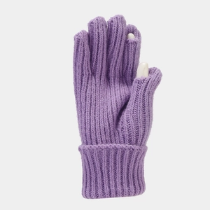 Detail of purple ribbed knit gloves with thumb and index finger touch screen openings