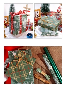 Détail macro du papier cadeau renne, des rouleaux de papier tartan et rubans festifs