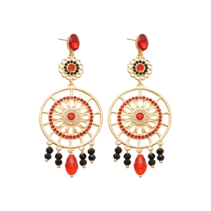 Boucles d'oreilles pendantes rondes vintage avec cristaux rouges et perles dorées