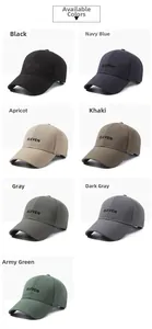 Selection of seven colors for cotton baseball caps including black, navy, and khaki