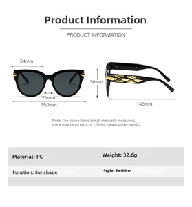 Detailed size specifications of oversized oval sunglasses with golden temple accents