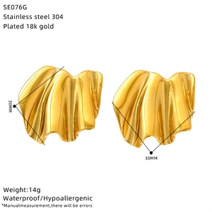 Detail of 30mm gold plated irregular flower earrings with stainless steel specs