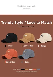 Detailed grid showing five colors of retro corduroy baseball caps with 87 embroidery