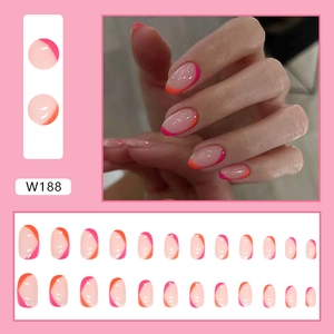 French press-on nails in pink and orange dual-tone tips, round shape, 24pcs kit