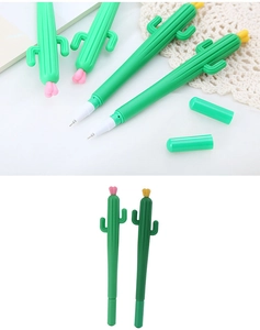 Detail shot of creative cactus-shaped pens with colorful flowers and green soft rubber grip