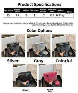 Detailed size chart and five color variants of rhinestone crossbody waist bags for women