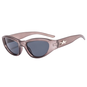 Y2K oval cat-eye sunglasses in transparent tea grey with gold star emblem detail