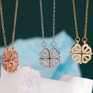 Magnetic four-leaf clover heart necklace in rose gold, silver, and gold steel