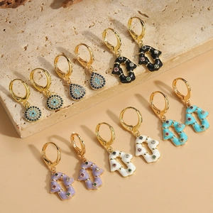 Vintage Bohemian Copper Zirconia Hamsa Hand Evil Eye Drop Earrings For Women Retro Enamel Gold Plated Hollow Jewelry